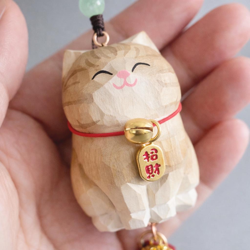 Hand Carved Lucky Cat Charm Wooden Hanging Ornament, Cute Fortune Cat Rearview Mirror Charm, Car Back Charm, Bag Charm, New Year Gift
