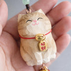 Hand Carved Lucky Cat Charm Wooden Hanging Ornament, Cute Fortune Cat Rearview Mirror Charm, Car Back Charm, Bag Charm, New Year Gift