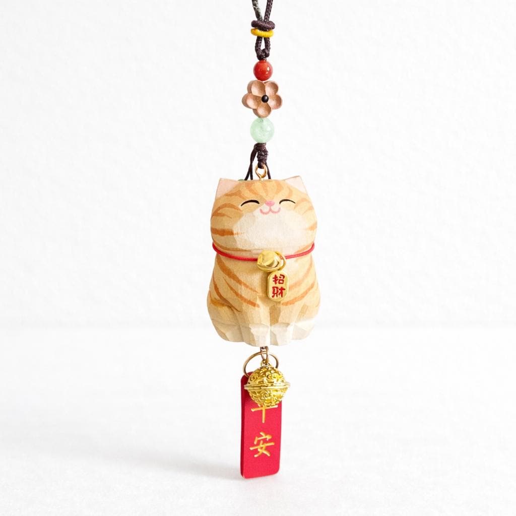 Hand Carved Lucky Cat Car Charm, Wooden Maneki Neko Rearview Mirror Hanging, Cute Cat Bag Charm, Unique Gift, Handmade Wood Ornament