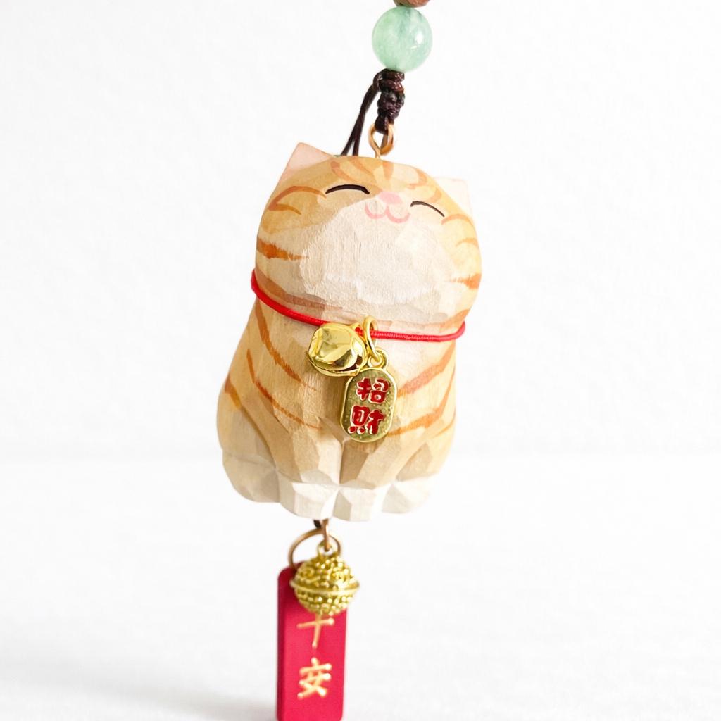 Hand Carved Lucky Cat Car Charm, Wooden Maneki Neko Rearview Mirror Hanging, Cute Cat Bag Charm, Unique Gift, Handmade Wood Ornament