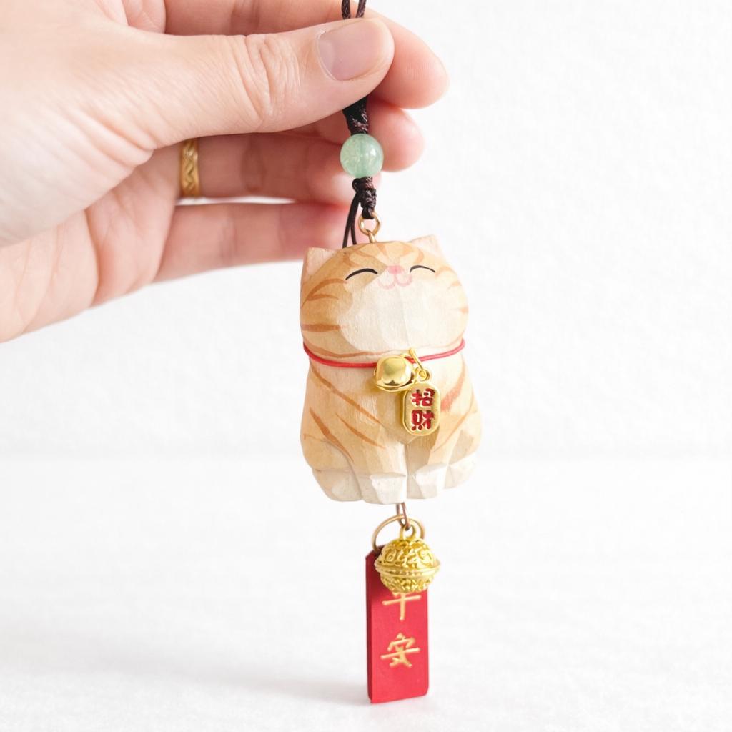 Hand Carved Lucky Cat Car Charm, Wooden Maneki Neko Rearview Mirror Hanging, Cute Cat Bag Charm, Unique Gift, Handmade Wood Ornament