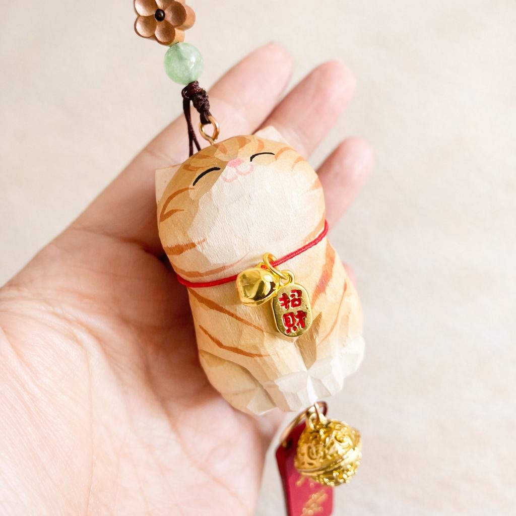 Hand Carved Lucky Cat Car Charm, Wooden Maneki Neko Rearview Mirror Hanging, Cute Cat Bag Charm, Unique Gift, Handmade Wood Ornament