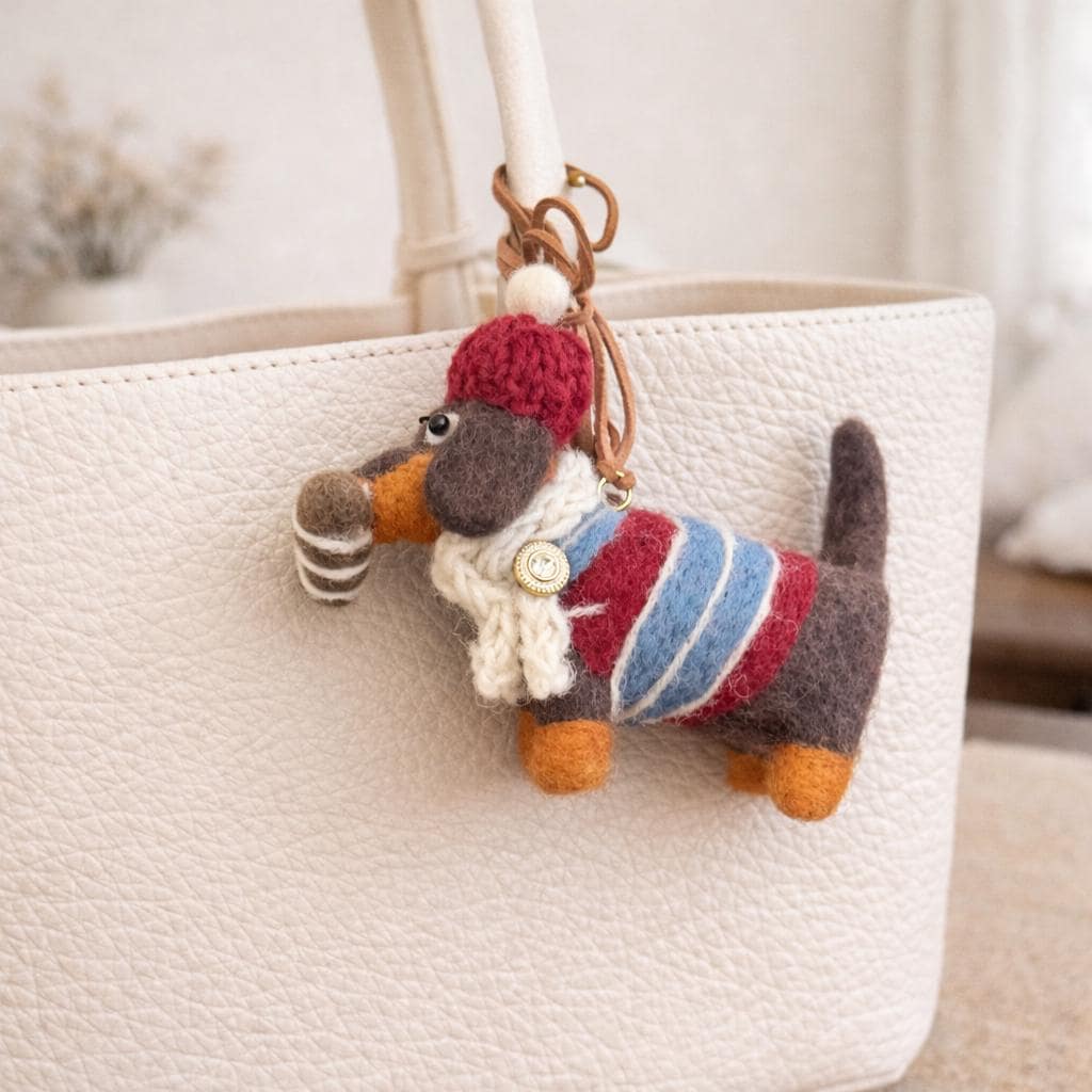 Handmade Felt Dachshund Keychain, Needle Felt Dog Bag Charm, Cute Wool Puppy Pendant, Backpack Charm, Car Mirror Hanging, Gift for Dog Lover