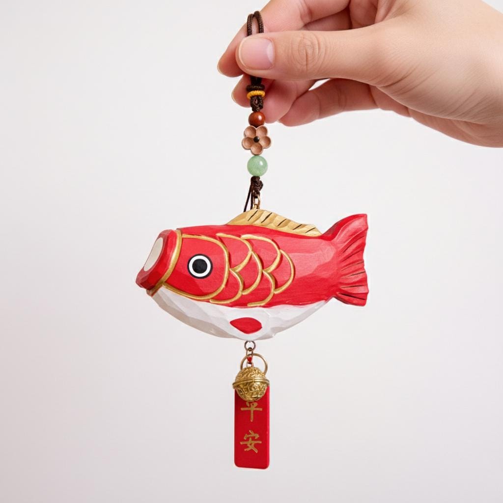 Hand Carved Japanese Style Lucky Koi Fish Car Charm, Good Luck Wooden Hanging Ornament, Rearview Mirror Charm, Bag Charm, Keychain Gift