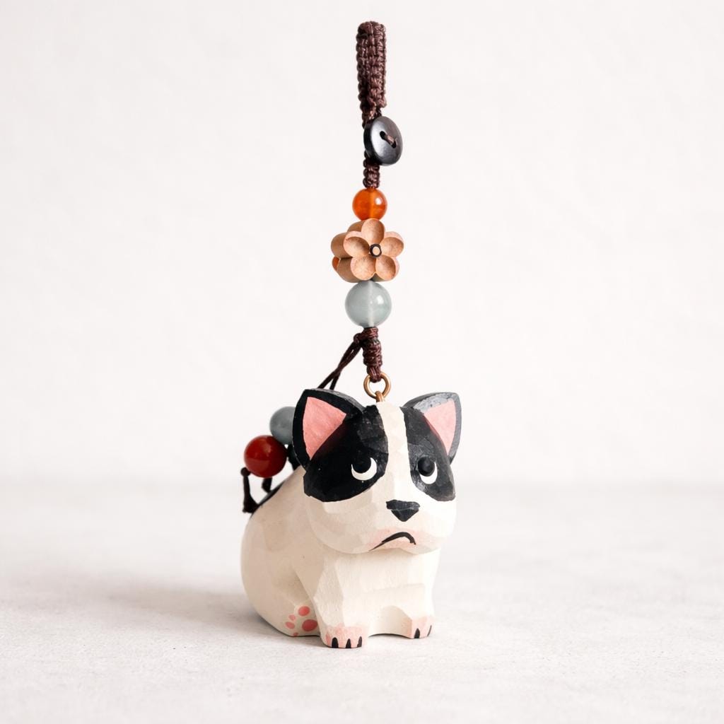 Hand Carved Cute French Bulldog Wooden Charm, Handmade Dog Keychain, Car Mirror Hanging Ornament, Bag Charm, Dog Lover Gift