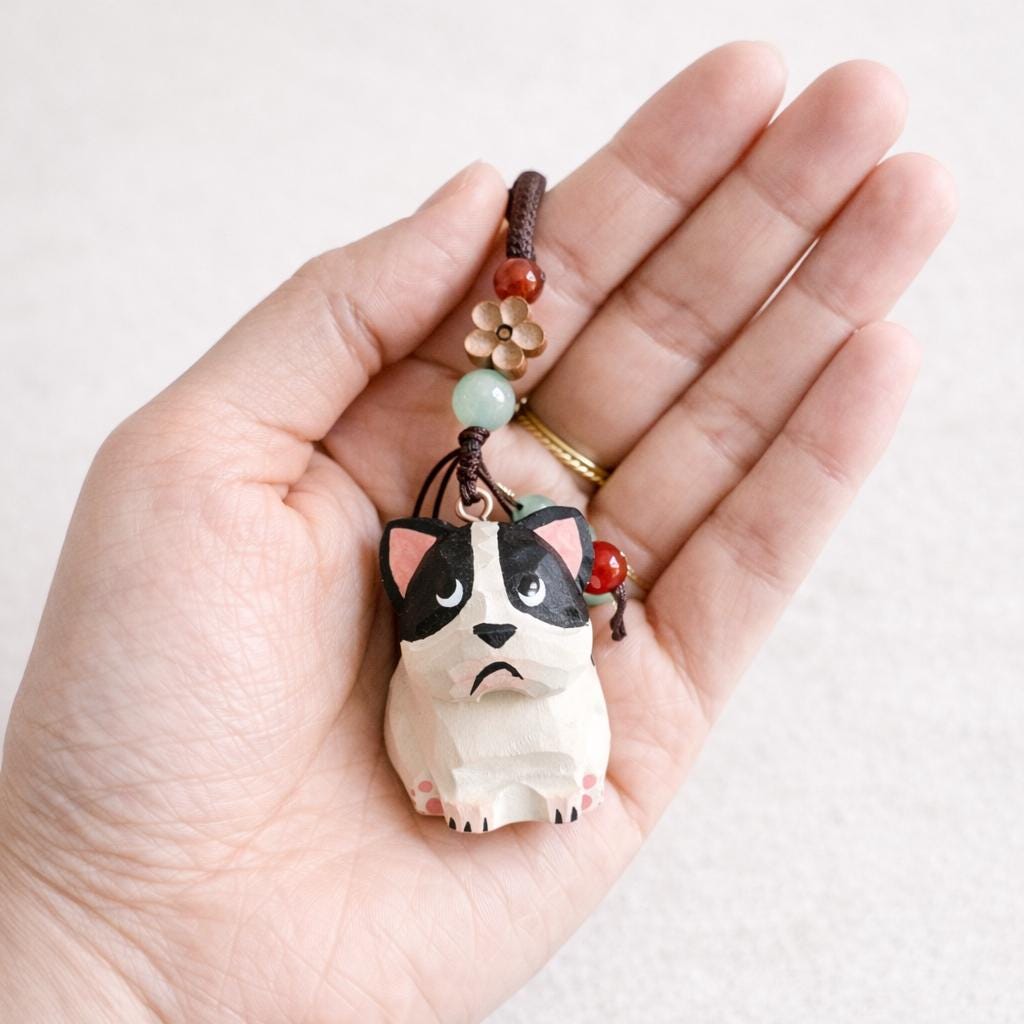 Hand Carved Cute French Bulldog Wooden Charm, Handmade Dog Keychain, Car Mirror Hanging Ornament, Bag Charm, Dog Lover Gift