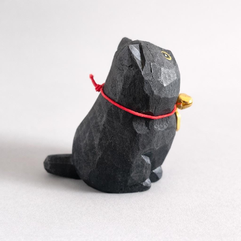Black Cat Wooden Figurine, Handmade Lucky Cat Decor, Cute Wood Cat Statue, Desk Ornament, Car Decor, Cat Lover Gift