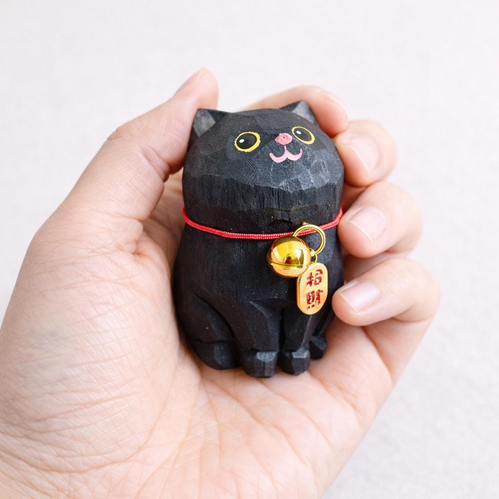 Black Cat Wooden Figurine, Handmade Lucky Cat Decor, Cute Wood Cat Statue, Desk Ornament, Car Decor, Cat Lover Gift