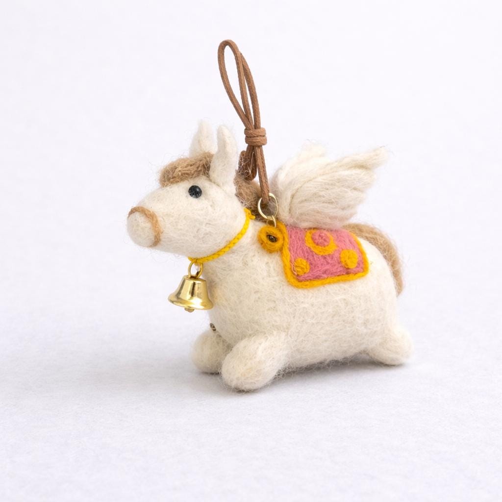 Handmade Felt Horse Keychain, Cute Wool Horse Bag Charm with Wings & Bell, Backpack Charm, Car Mirror Hanging Ornament, Handmade Animal Gift