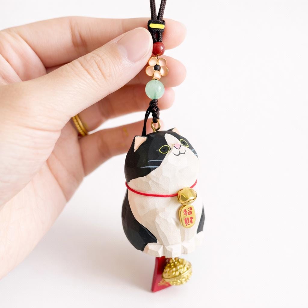 Hand Carved Lucky Cat Hanging Ornament, Wooden Maneki Neko Car Charm, Good Luck Cat Pendant, Bag Charm Keychain Gift, Cute Japanese Decor