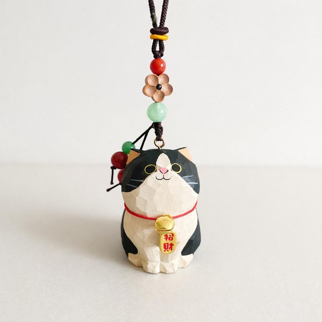 Hand Carved Lucky Cat Hanging Ornament, Wooden Maneki Neko Car Charm, Good Luck Cat Pendant, Bag Charm Keychain Gift, Cute Japanese Decor