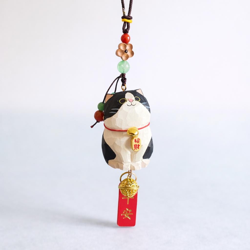 Hand Carved Lucky Cat Hanging Ornament, Wooden Maneki Neko Car Charm, Good Luck Cat Pendant, Bag Charm Keychain Gift, Cute Japanese Decor