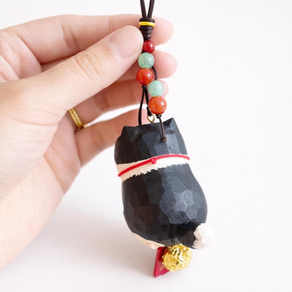 Hand Carved Lucky Cat Hanging Ornament, Wooden Maneki Neko Car Charm, Good Luck Cat Pendant, Bag Charm Keychain Gift, Cute Japanese Decor