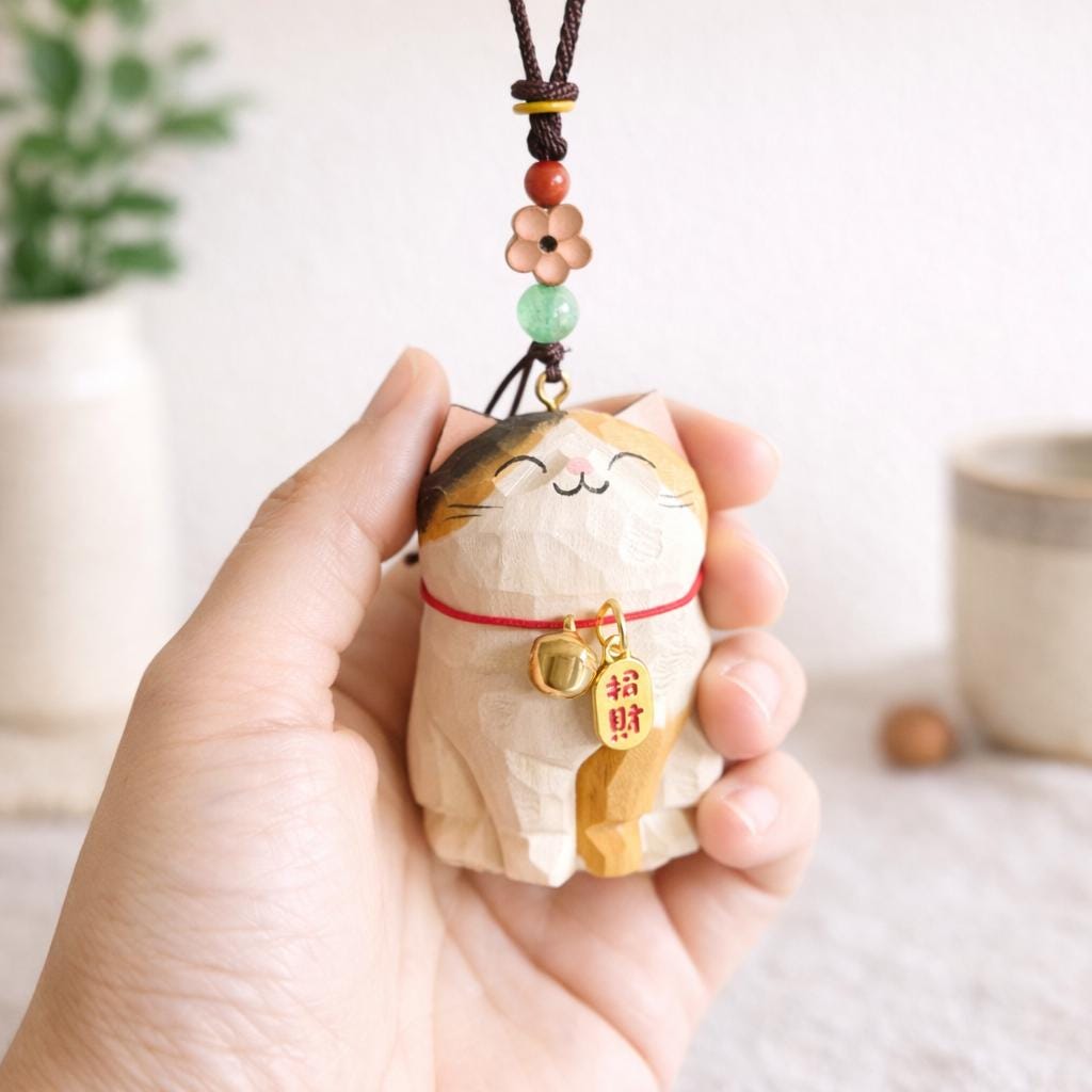 Japanese Style Lucky Cat Car Hanging Charm, Hand Carved Wooden Maneki Cat Ornament, Good Luck Rearview Mirror Decor, Bag Charm Gift