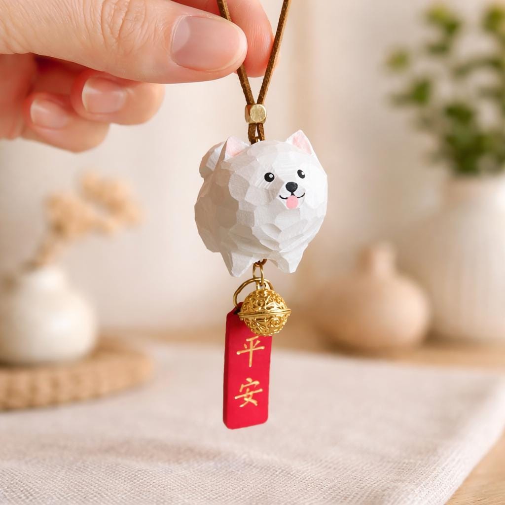 Hand Carved Wooden Samoyed Car Hanging Charm, Cute Dog Rearview Mirror Ornament, Lucky Car Decor, Japanese Style Bag Charm Gift