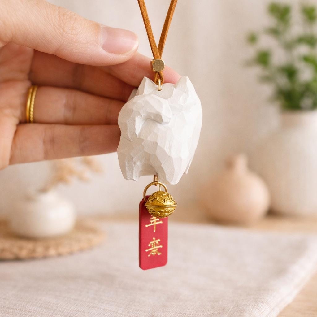 Hand Carved Wooden Samoyed Car Hanging Charm, Cute Dog Rearview Mirror Ornament, Lucky Car Decor, Japanese Style Bag Charm Gift