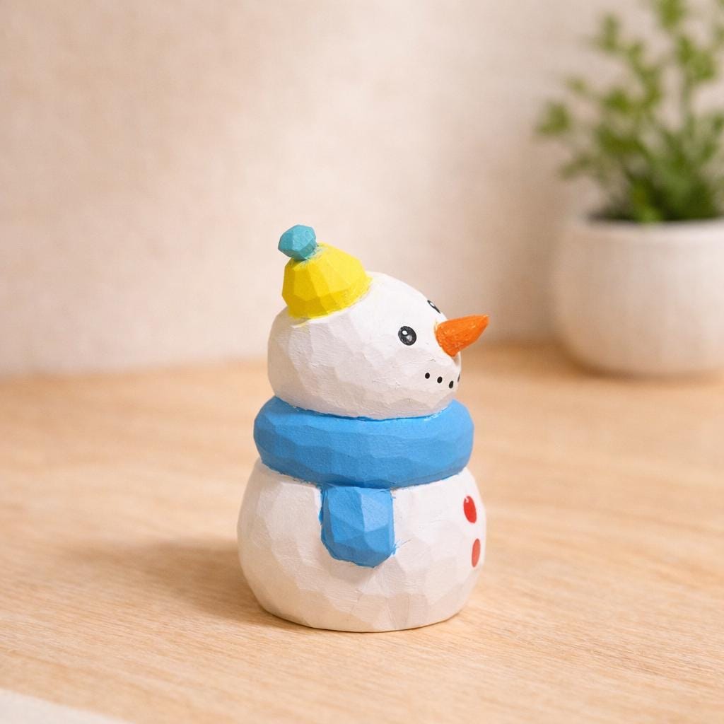 Hand Carved Wooden Snowman Figurine, Christmas Desk Decor, Cute Winter Snowman Ornament, Minimalist Holiday Table Decoration, Wood Gift