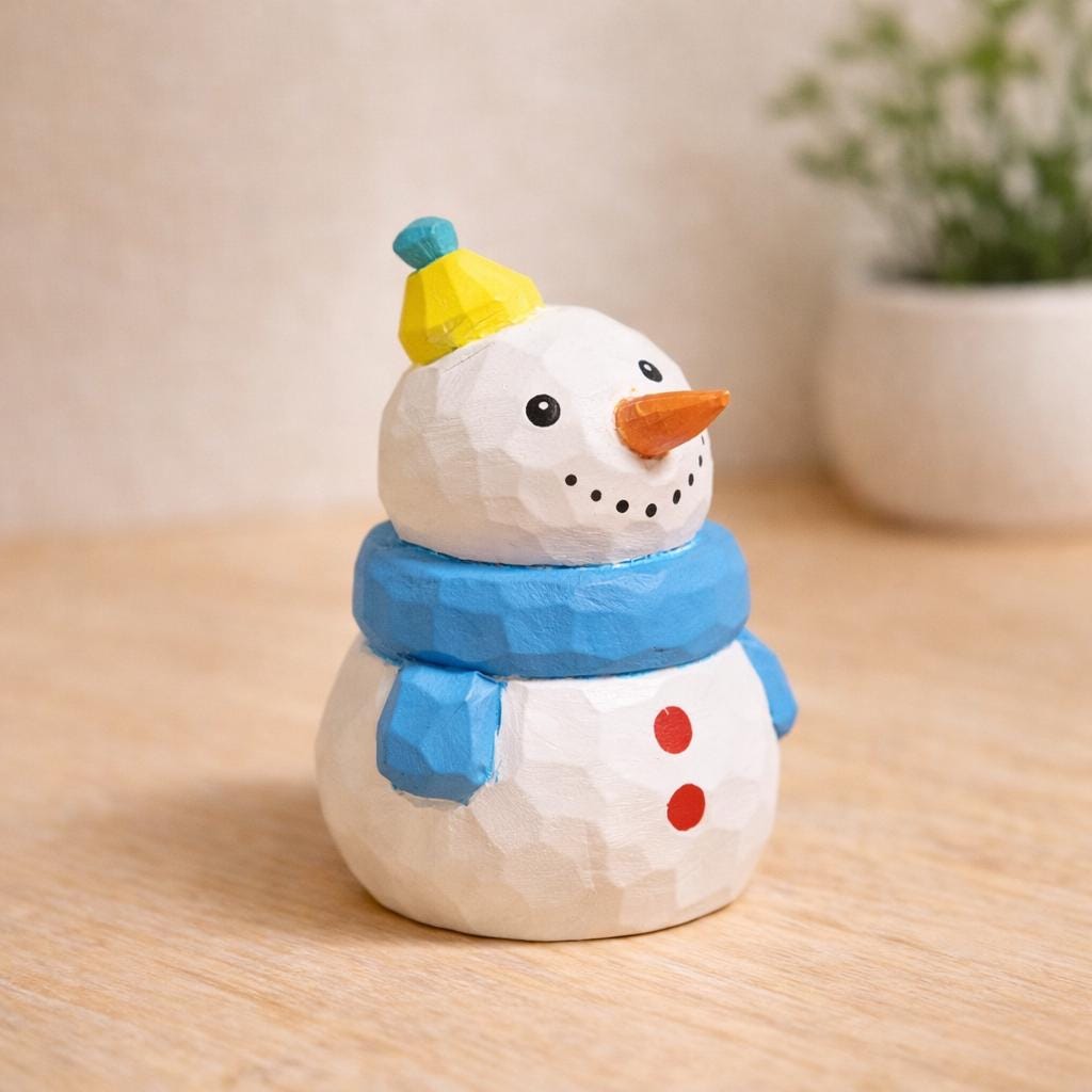 Hand Carved Wooden Snowman Figurine, Christmas Desk Decor, Cute Winter Snowman Ornament, Minimalist Holiday Table Decoration, Wood Gift