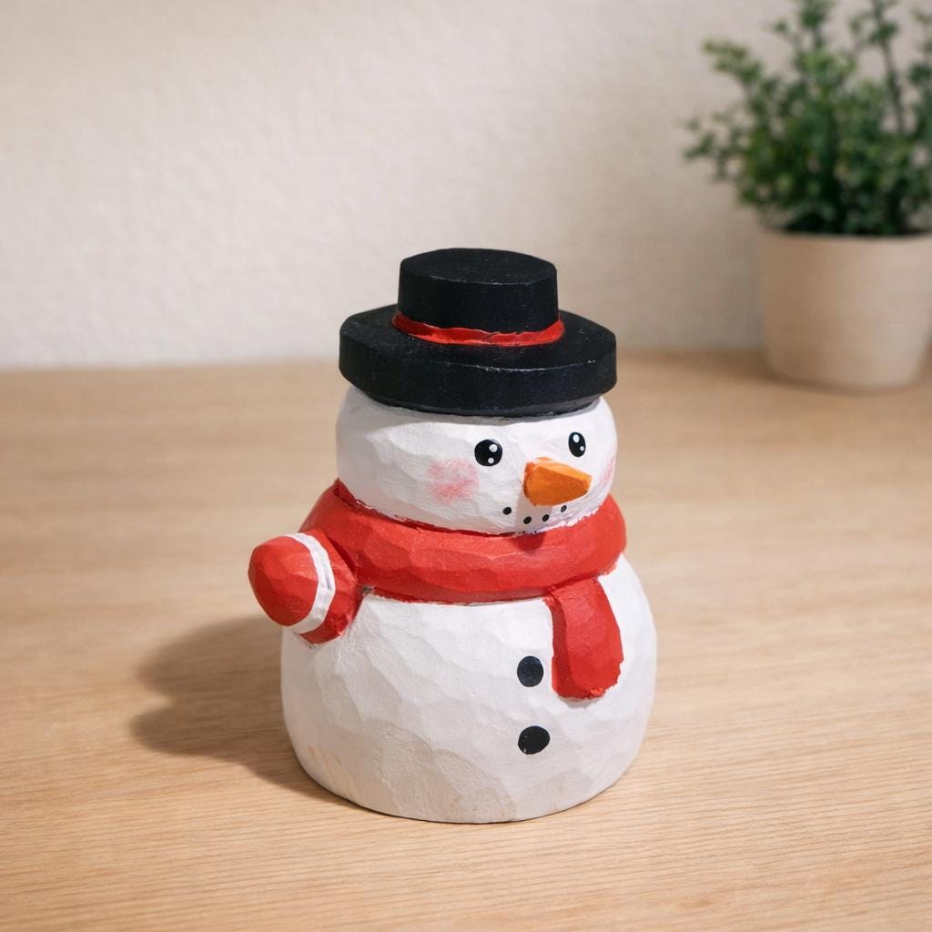 Hand Carved Wooden Snowman Figurine, Christmas Desk Decor, Cute Ornament with Red Scarf, Winter Table Decoration, Handmade Wood Gift