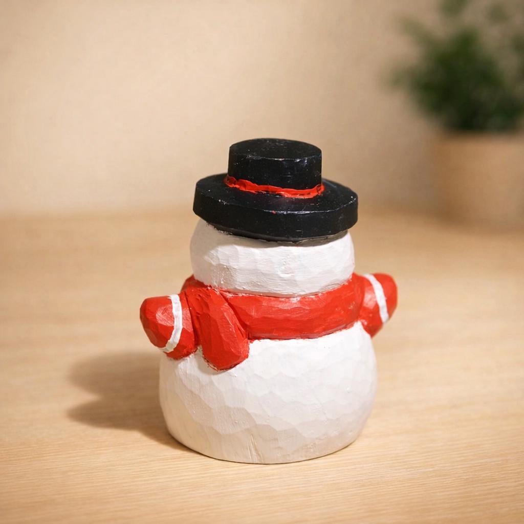 Hand Carved Wooden Snowman Figurine, Christmas Desk Decor, Cute Ornament with Red Scarf, Winter Table Decoration, Handmade Wood Gift