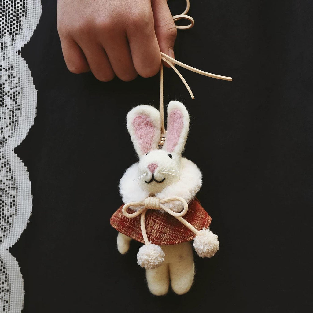 Handmade Felt Bunny Keychain, Winter Rabbit Bag Charm with Plaid Cape, Cute Wool Animal Pendant Gift for Her