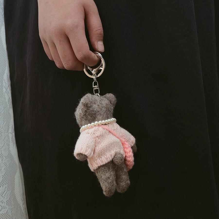 Handmade Felt Bear Keychain, Cute Wool Teddy Bag Charm with Pink Sweater and Mini Purse, Animal Pendant Gift for Her