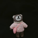 Handmade Felt Bear Keychain, Cute Wool Teddy Bag Charm with Pink Sweater and Mini Purse, Animal Pendant Gift for Her