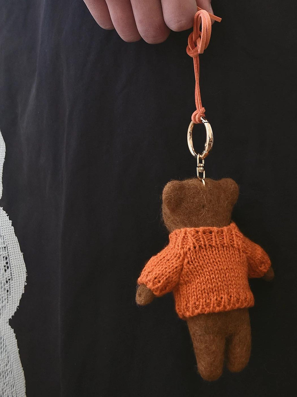 Handmade Felt Bear Keychain, Brown Teddy Bag Charm with Orange Sweater, Cute Wool Animal Pendant Gift for Her