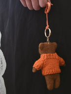 Handmade Felt Bear Keychain, Brown Teddy Bag Charm with Orange Sweater, Cute Wool Animal Pendant Gift for Her