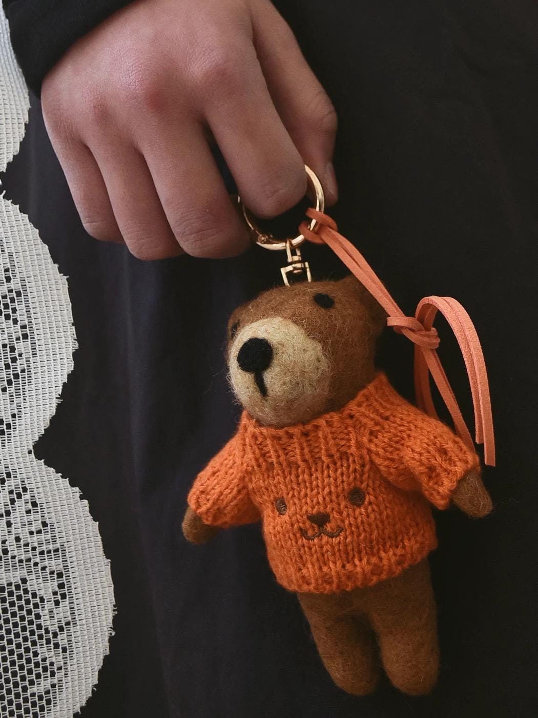 Handmade Felt Bear Keychain, Brown Teddy Bag Charm with Orange Sweater, Cute Wool Animal Pendant Gift for Her