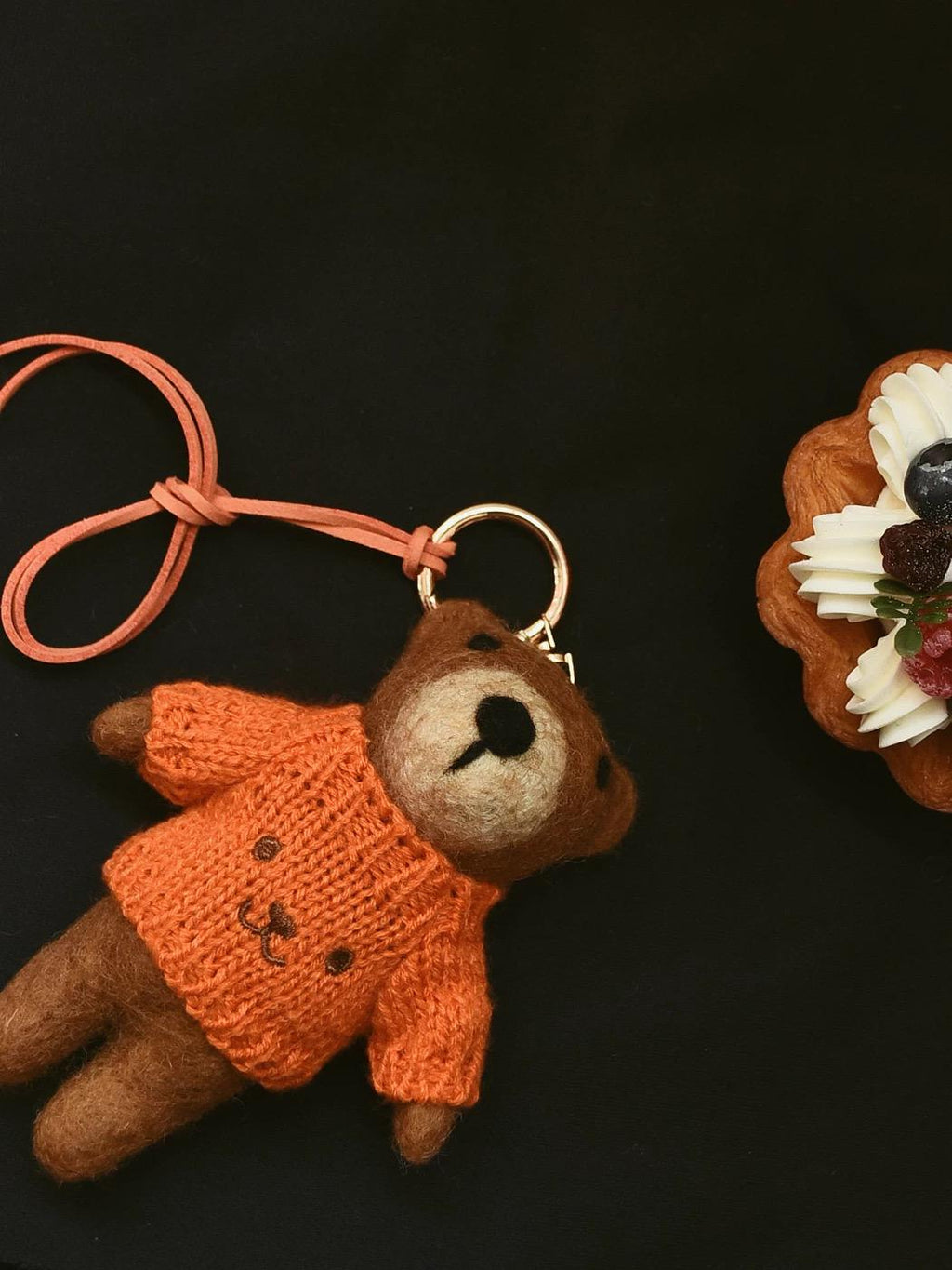 Handmade Felt Bear Keychain, Brown Teddy Bag Charm with Orange Sweater, Cute Wool Animal Pendant Gift for Her