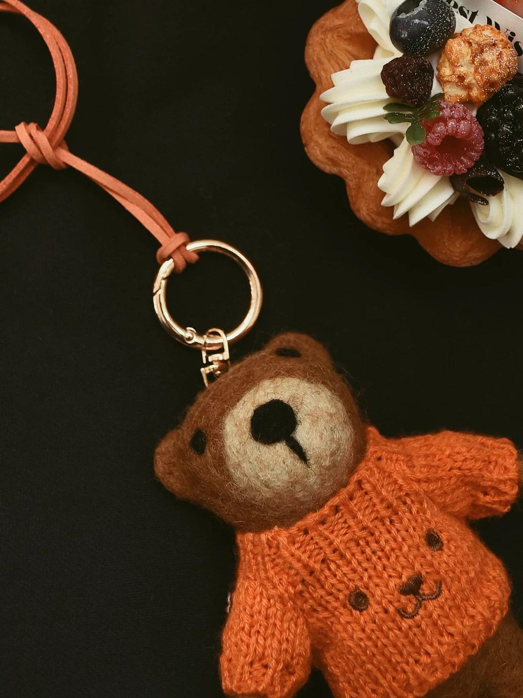 Handmade Felt Bear Keychain, Brown Teddy Bag Charm with Orange Sweater, Cute Wool Animal Pendant Gift for Her