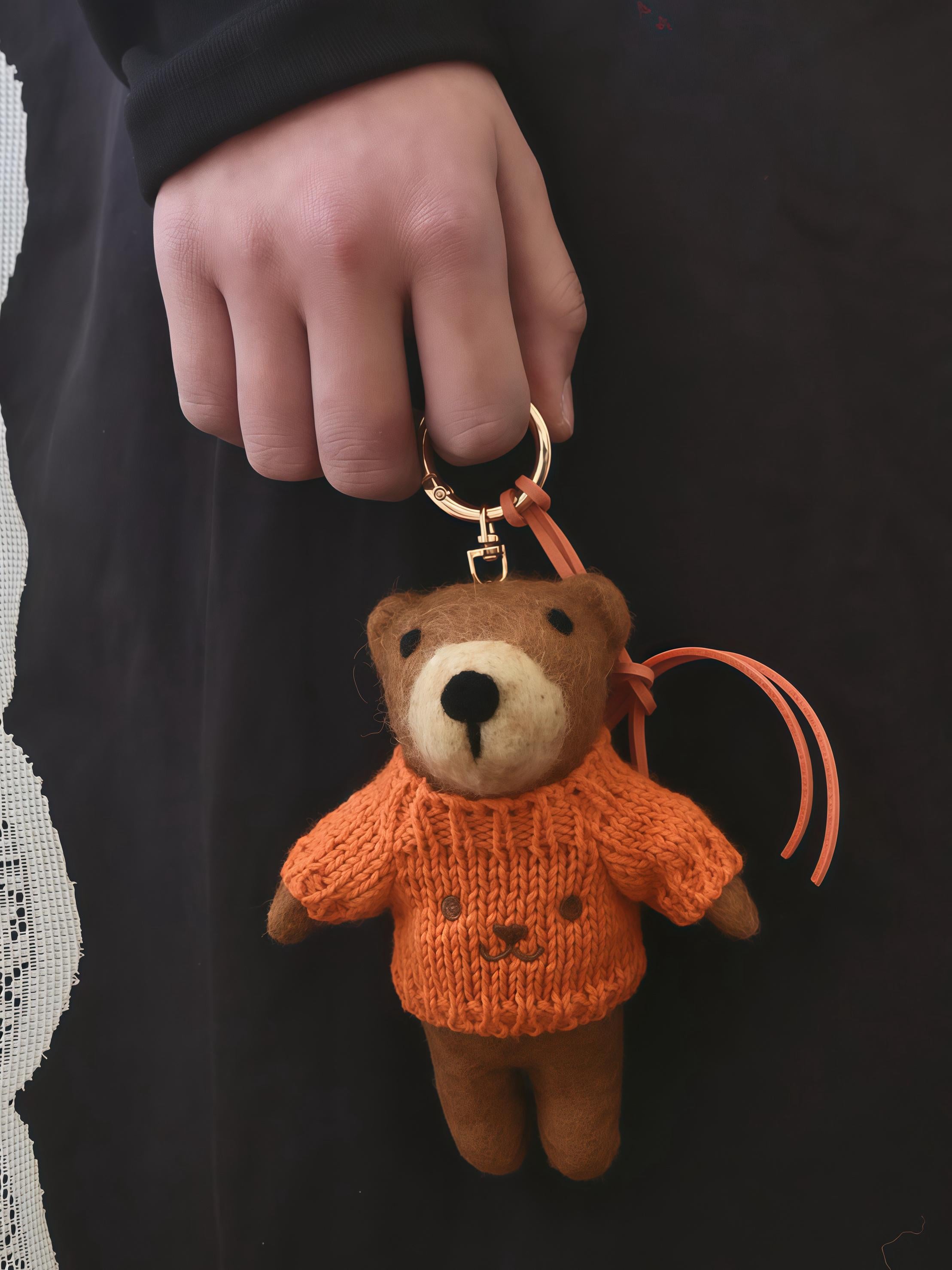 Handmade Felt Bear Keychain, Brown Teddy Bag Charm with Orange Sweater, Cute Wool Animal Pendant Gift for Her