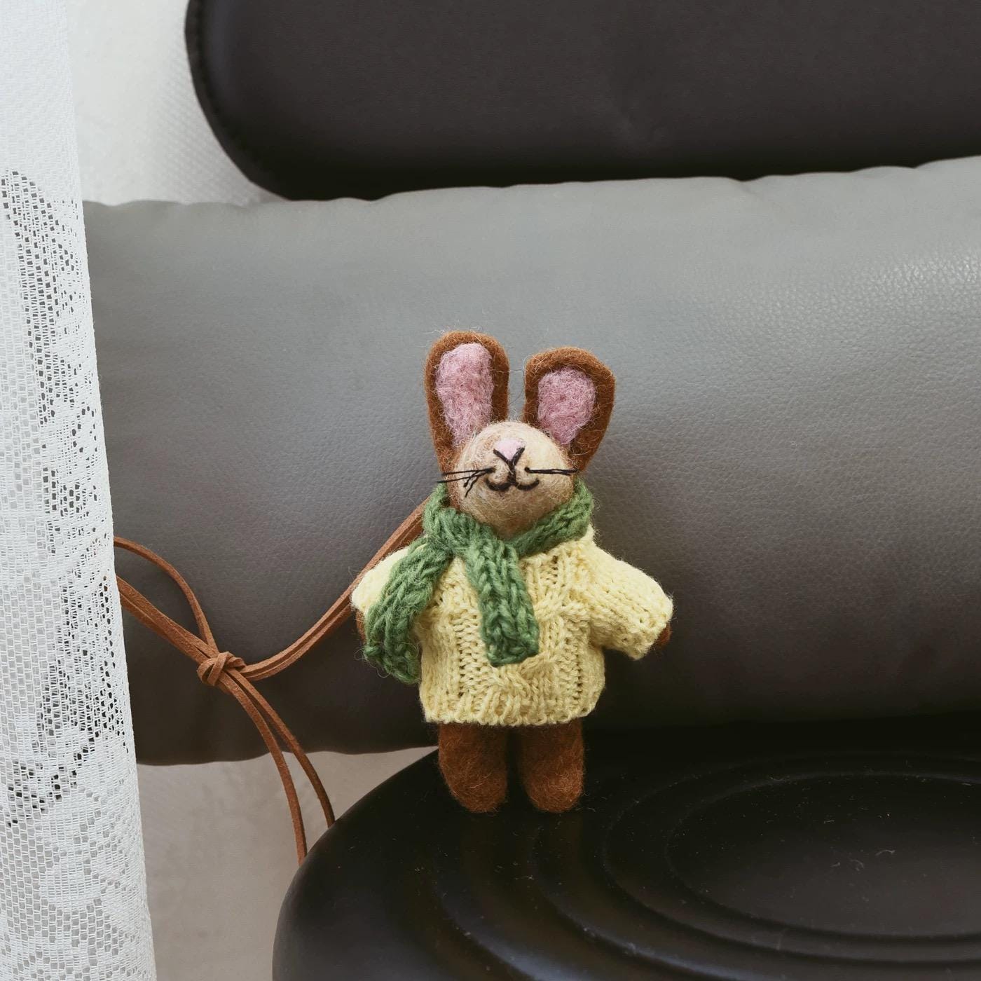 Handmade Felt Bunny Keychain, Yellow Sweater Rabbit Bag Charm with Green Scarf, Cute Wool Animal Pendant Gift for Her