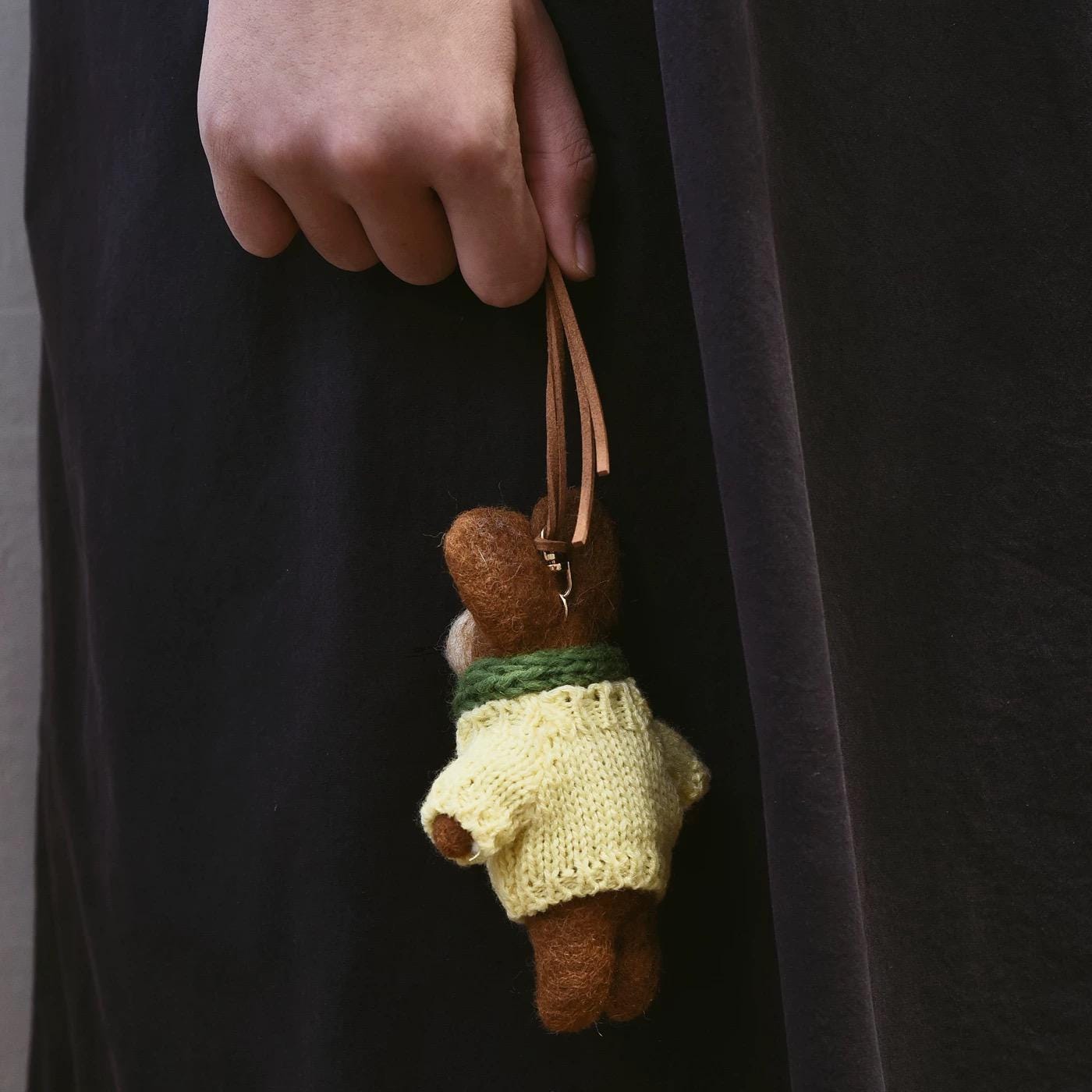 Handmade Felt Bunny Keychain, Yellow Sweater Rabbit Bag Charm with Green Scarf, Cute Wool Animal Pendant Gift for Her