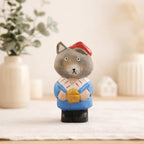 Hand Carved Wooden Wolf Figurine, Linden Wood Animal Sculpture with Red Hat, 9cm Handmade Woodland Decor Gift