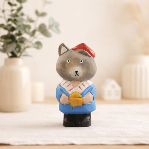 Hand Carved Wooden Wolf Figurine, Linden Wood Animal Sculpture with Red Hat, 9cm Handmade Woodland Decor Gift