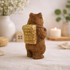 Hand Carved Wooden Bear Figurine, Linden Wood Hiking Bear Sculpture with Backpack, 10cm Handmade Woodland Decor Collectible