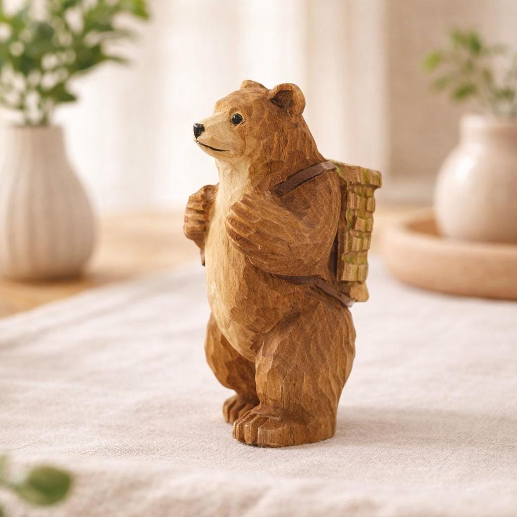 Hand Carved Wooden Bear Figurine, Linden Wood Hiking Bear Sculpture with Backpack, 10cm Handmade Woodland Decor Collectible