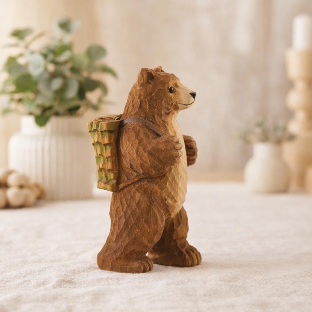 Hand Carved Wooden Bear Figurine, Linden Wood Hiking Bear Sculpture with Backpack, 10cm Handmade Woodland Decor Collectible