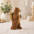 Hand Carved Wooden Bear Figurine, Linden Wood Hiking Bear Sculpture with Backpack, 10cm Handmade Woodland Decor Collectible