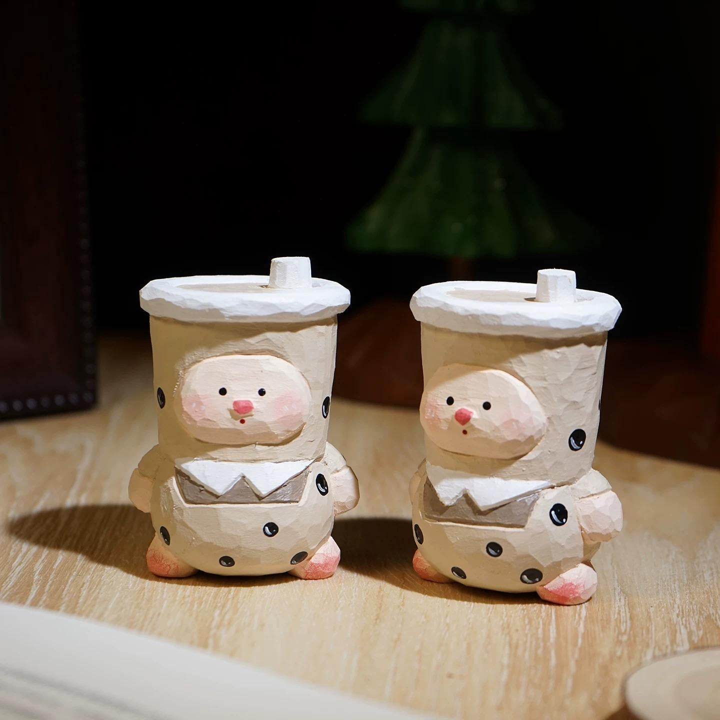 Hand Carved Wooden Bubble Tea Pig Figurine, Linden Wood Cute Boba Milk Tea Sculpture, Handmade Desk Decor, Kawaii Animal Gift