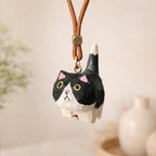 Hand Carved Wooden Cat Car Hanging Ornament, Lucky Cat Rearview Mirror Charm, Cute Bag Charms, Keychain Gift, Japanese Style Car Accessory