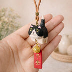 Hand Carved Wooden Cat Car Hanging Ornament, Lucky Cat Rearview Mirror Charm, Cute Bag Charms, Keychain Gift, Japanese Style Car Accessory