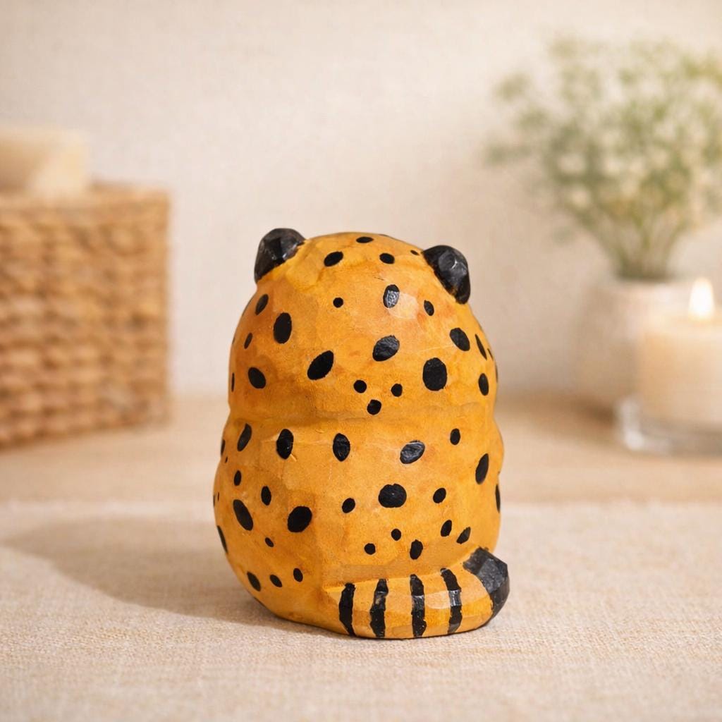 Japanese Hand Carved Wooden Lucky Leopard Figurine, Cute Animal Desk Decor, Handmade Wood Sculpture, Good Luck Gift, Office Shelf Decoration