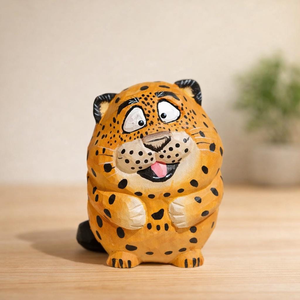 Japanese Hand Carved Wooden Lucky Leopard Figurine, Cute Animal Desk Decor, Handmade Wood Sculpture, Good Luck Gift, Office Shelf Decoration