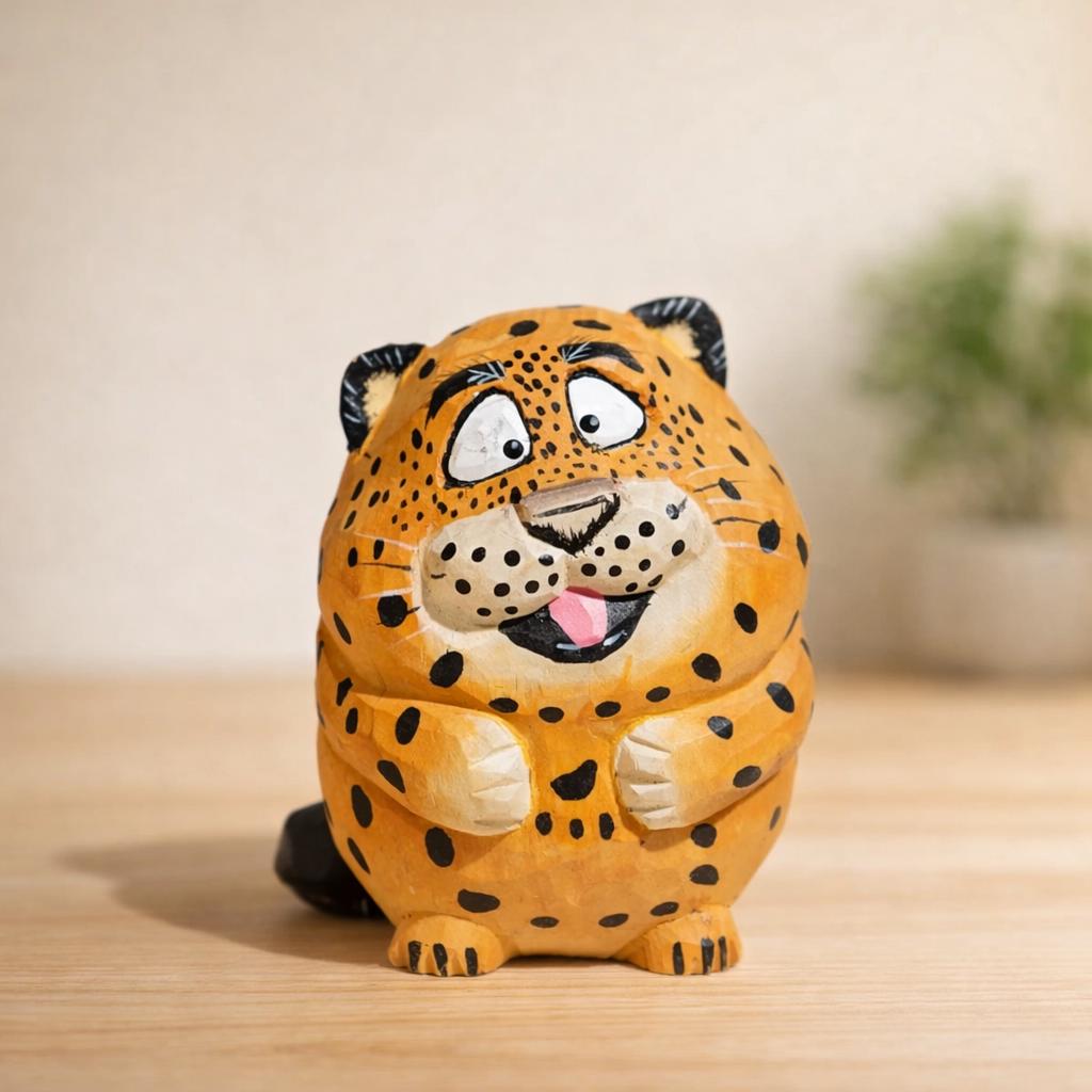 Japanese Hand Carved Wooden Lucky Leopard Figurine, Cute Animal Desk Decor, Handmade Wood Sculpture, Good Luck Gift, Office Shelf Decoration