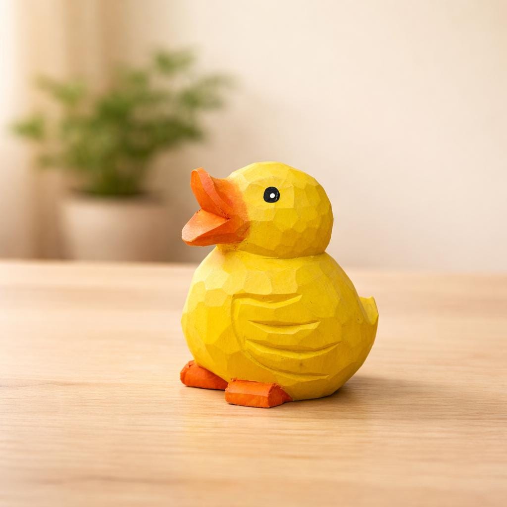 Hand Carved Wooden Duck Figurine, Cute Yellow Duck Desk Decor, Handmade Wood Animal Sculpture, Unique Gift, Nursery Shelf Decoration