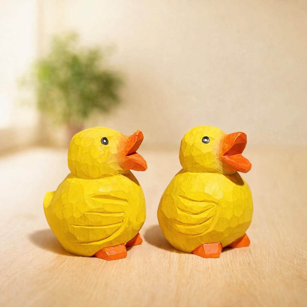 Hand Carved Wooden Duck Figurine, Cute Yellow Duck Desk Decor, Handmade Wood Animal Sculpture, Unique Gift, Nursery Shelf Decoration