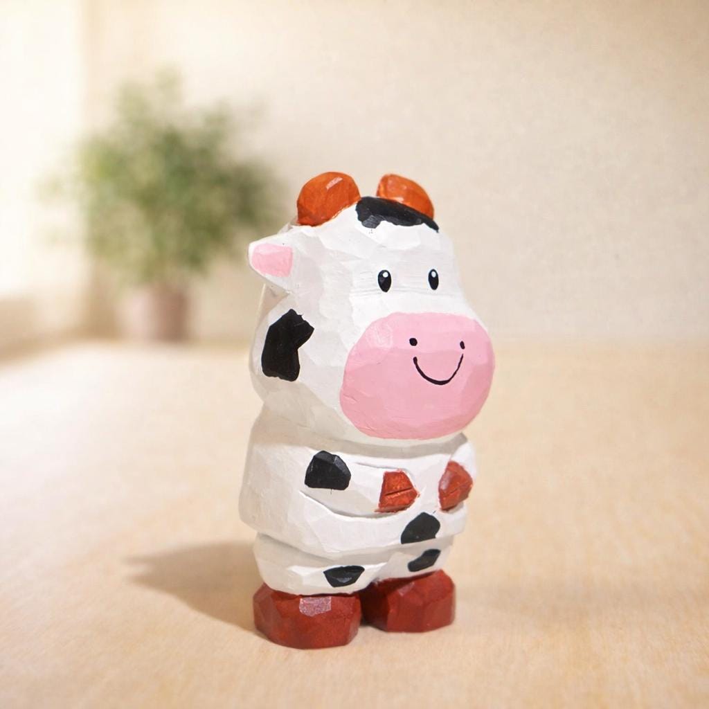 Hand Carved Wooden Cow Figurine, Cute Mini Cow Desk Decor, Small Farm Animal Sculpture, Handmade Wood Ornament, Rustic Shelf Decoration